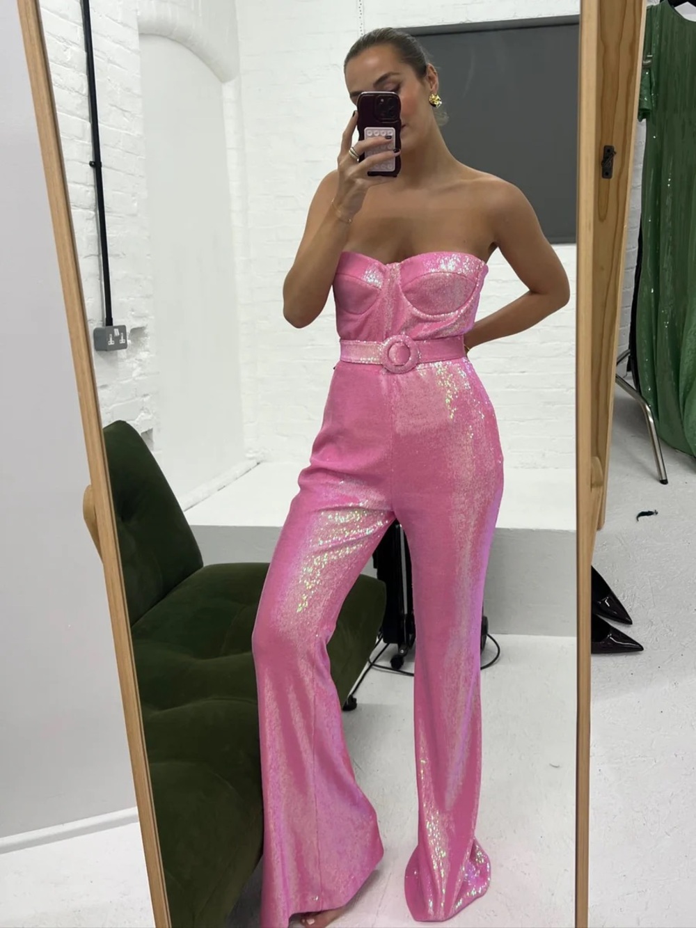 Strapless Sequin Pink Jumpsuit with Belt Size Small